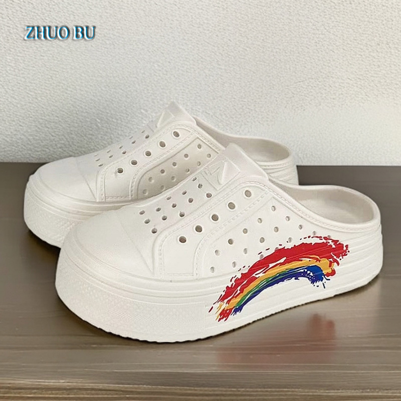 Rainbow Croc Shoes Women's Summer Sports Style Heightening Thick-Soled Sandals Hollow Round Toe Breathable Soft Sole Outerwear Beach Half Drag Rainbow Croc Shoes Women's Summer Sports Style Heightening Thick-Soled Sandals Hollow Round Toe Breathable Soft Sole Outerwear Beach Half Drag