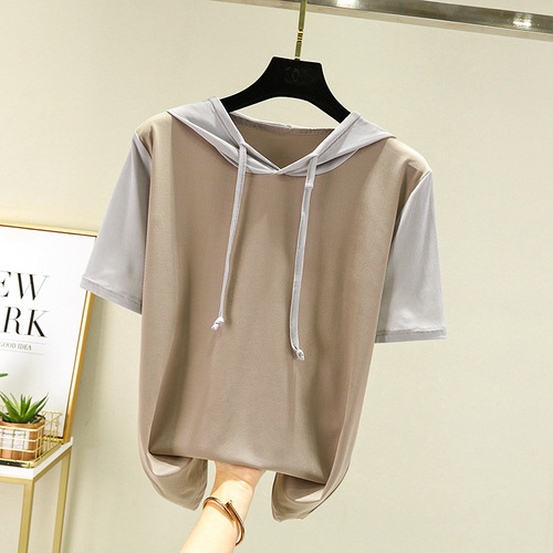 Women's Summer Thin Ice Silk T-Shirt, Color Block Hooded Short Sleeve Sweatshirt, Outerwear Loose Knit Top