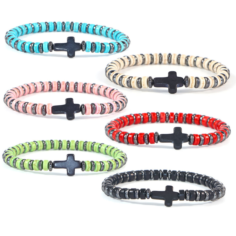 6 Color Cross bracelet 6mm Turquoise Bead Bracelet Natural Stone Stlestring Cross Bracelet Mixed Color