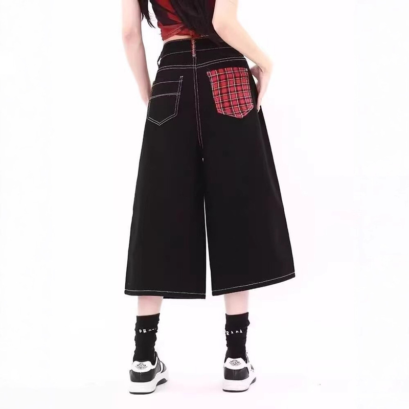 Plus Size American Retro Washed Black and Red Plaid Splicing Jeans for Women Summer High Waist Loose Draped Three-Quarter Wide Leg Pants Plus Size American Retro Washed Black and Red Plaid Splicing Jeans for Women Summer High Waist Loose Draped Three-Quarter Wide Leg Pants
