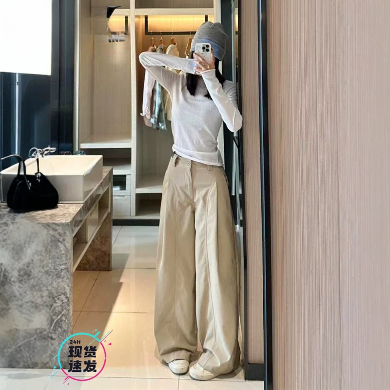 Khaki pleated wide-leg suit pants for women, 2026 spring-summer new style, high-waisted, hip-covering, relaxed straight-leg casual pants Khaki pleated wide-leg suit pants for women, 2026 spring-summer new style, high-waisted, hip-covering, relaxed straight-leg casual pants