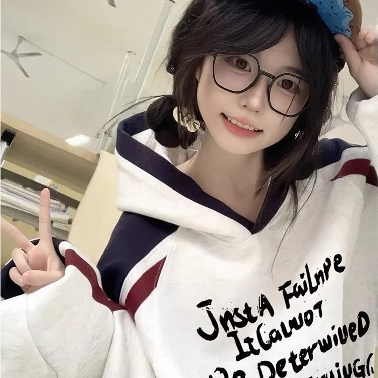美式拼接撞色连帽卫衣女 秋冬新爆款初高中大学生宽松加绒外套女