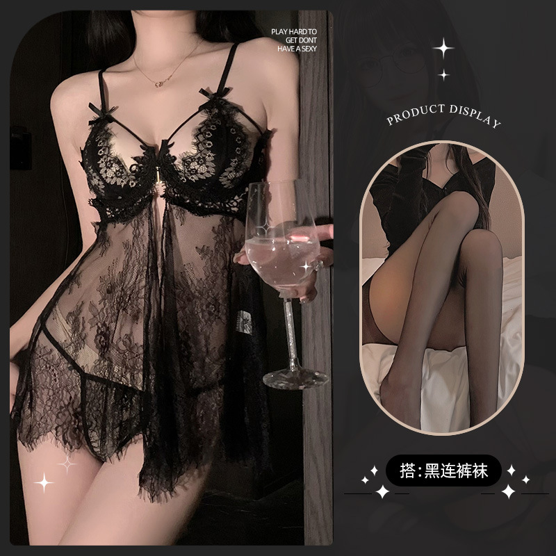 See-through 푸시 업 나이트 드레스 블랙 + t 바지 + 팬티 스타킹
