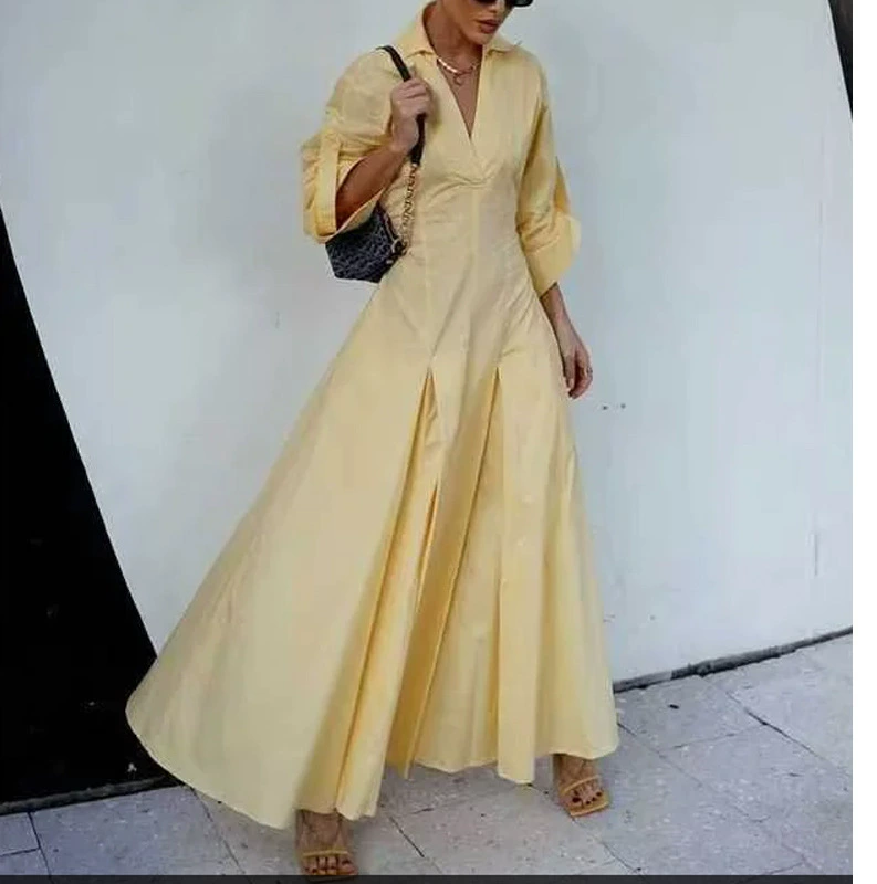 跨境女装批发时尚欧美风休闲翻领衬衫长款女收腰大摆连衣裙
