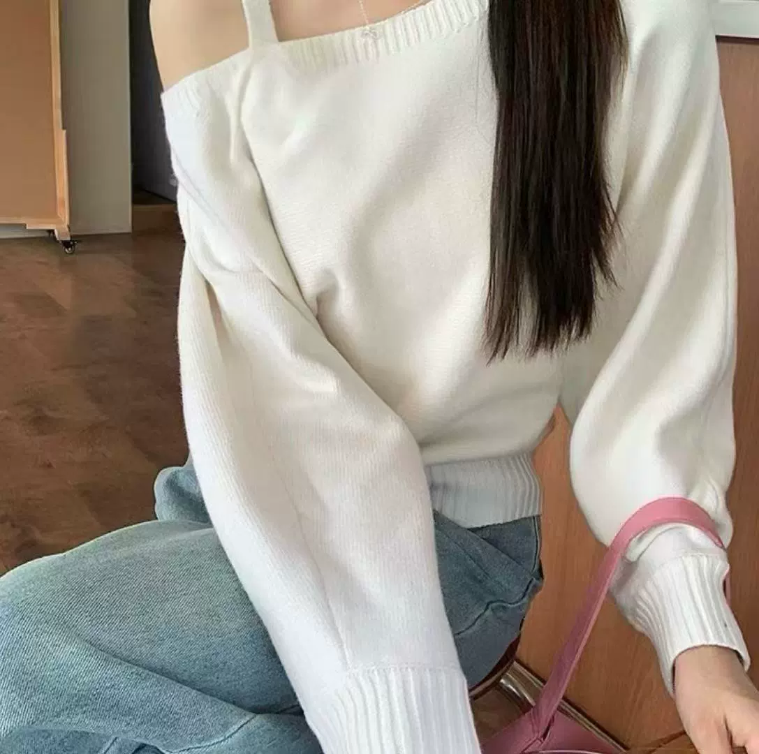 Autumn one-sided solid sexy knitted sweater, Korean style, lifting effect