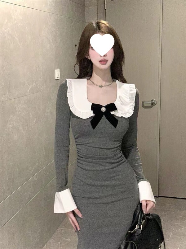 【配蝴蝶结】新款韩系娃娃领长袖修身连衣裙女显瘦包臀鱼尾长裙|undefined