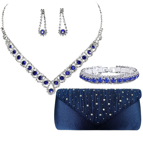 European and American bride jewelry set of four pieces blue zircon necklace earrings bracelet satin heat diamond clutch evening bag 