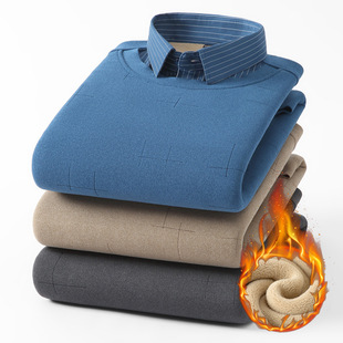Winter fleece-lined thickened men's fake two-piece warm shirt collar long sleeve pullover loose sweater for middle-aged and elderly dad