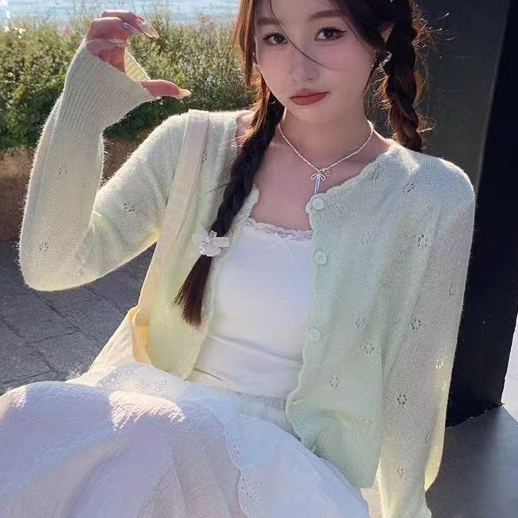 Dopamine Round Neck Lace Hollow Thin Cardigan Niche New Spring Jacket Short Yellow Knitted Top