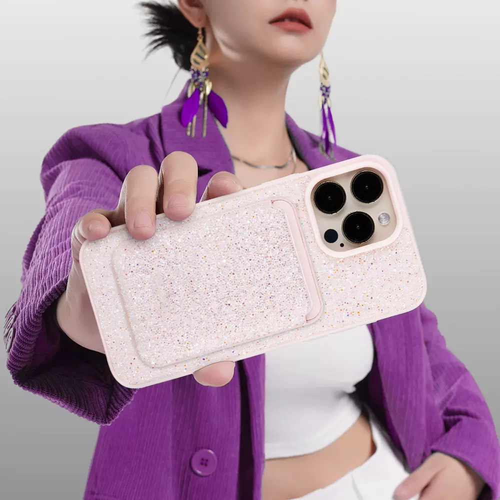 跨境新款闪粉碎钻苹果17磁吸卡包适用iPhone16ProMax手机壳卡包