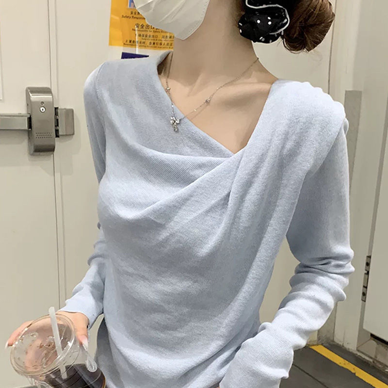 Design-Sense Swing Collar Long-Sleeved Knitwear Women's Autumn Base Shirt Pure Desire Gentle Style Pink Slim-Fit Tight Waist Top