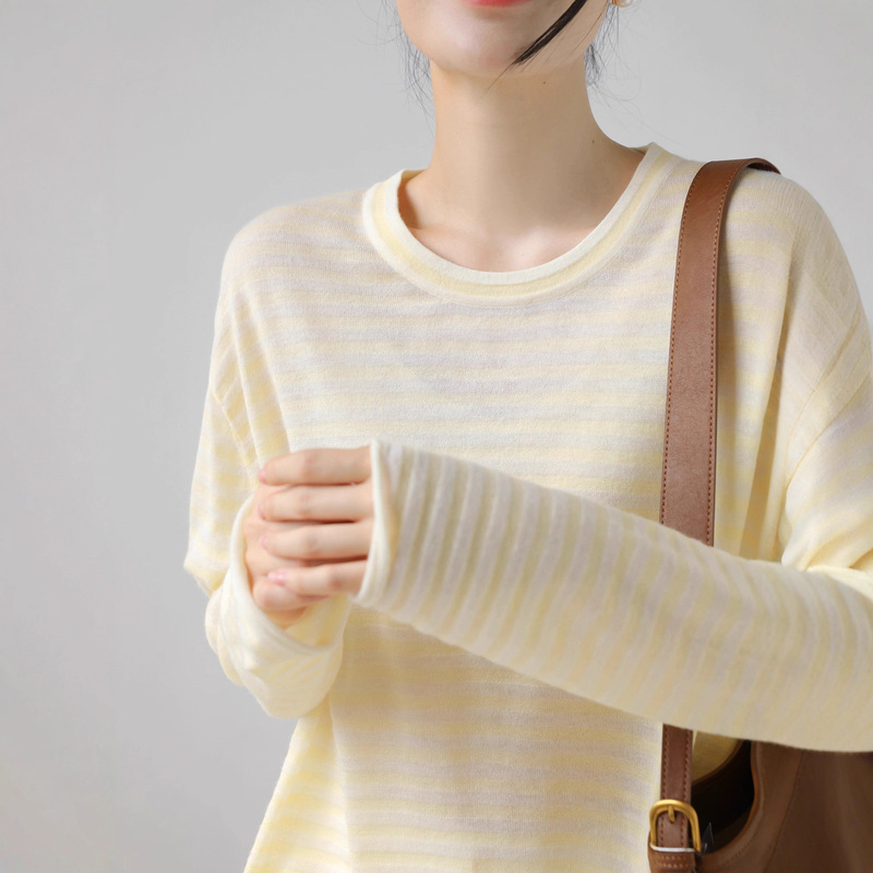 Machine Washable Wool Knitwear Women's Dropped Shoulder Sleeves Wide Version Stripesd Air-Conditioning Shirt T-Shirt Round Neck Sea Soul Top Early Autumn Machine Washable Wool Knitwear Women's Dropped Shoulder Sleeves Wide Version Stripesd Air-Conditioning Shirt T-Shirt Round Neck Sea Soul Top Early Autumn