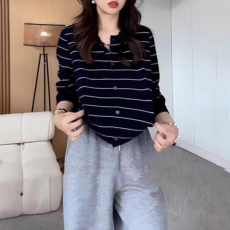 大码宽松慵懒风条纹毛针织衫女2025秋季新款洋气百搭正肩显瘦上衣|undefined