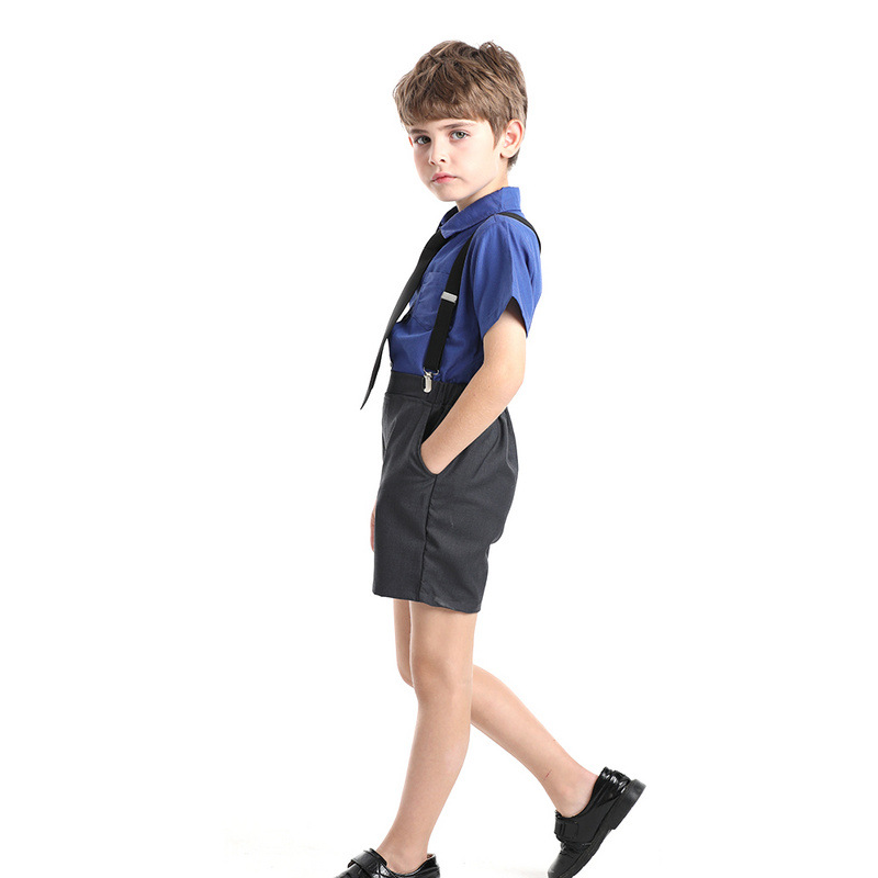 Verano de moda coreana corbata de color sólido camisa de manga corta para niños correa clip pantalones cortos vestido traje de rendimiento