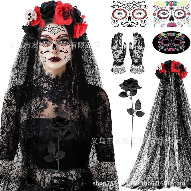 Halloween Day of the Dead Ghost Bride Costume Skeleton Rose Veil Lace Gloves Face Stickers Black Rose Cosplay Outfit Halloween Day of the Dead Ghost Bride Costume Skeleton Rose Veil Lace Gloves Face Stickers Black Rose Cosplay Outfit