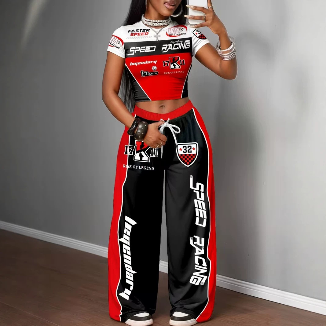Y2K Women's Two Piece Set Style Digital Print Short T-Shirt Wide Leg Trousers Spring Summer Sexy_ecoleips.com