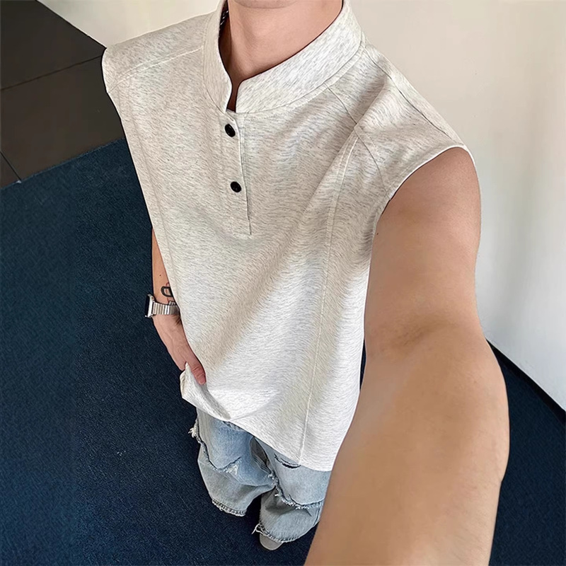 White and Gray Henry Collar Sleeveless Vest for Men, Summer American Style Stand Collar Sleeveless Polo Shirt, Boxy Heavyweight Old Man's Shirt
