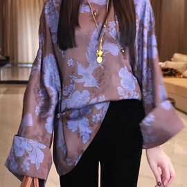 2025早秋新中式国风印花衬衫女士长袖唐装上衣宽松桑蚕丝衬衣衬衫