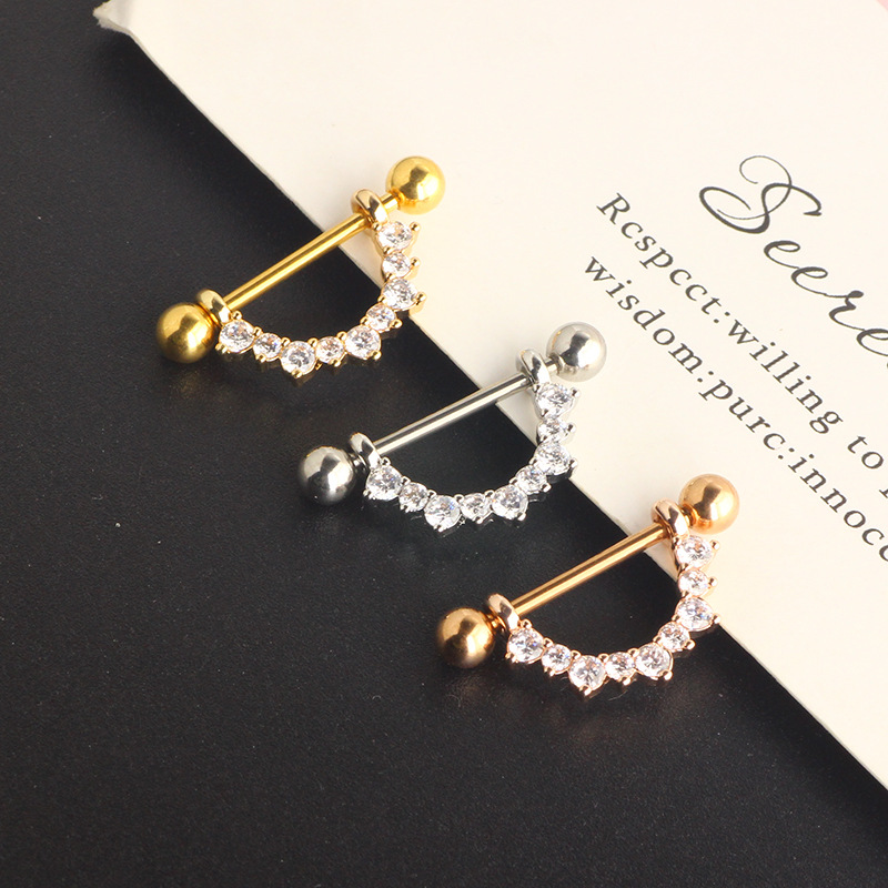 U-Shaped Nipple Ring with Crown Zircon - Rose Gold Stainless Steel Body Jewelry detail image 9