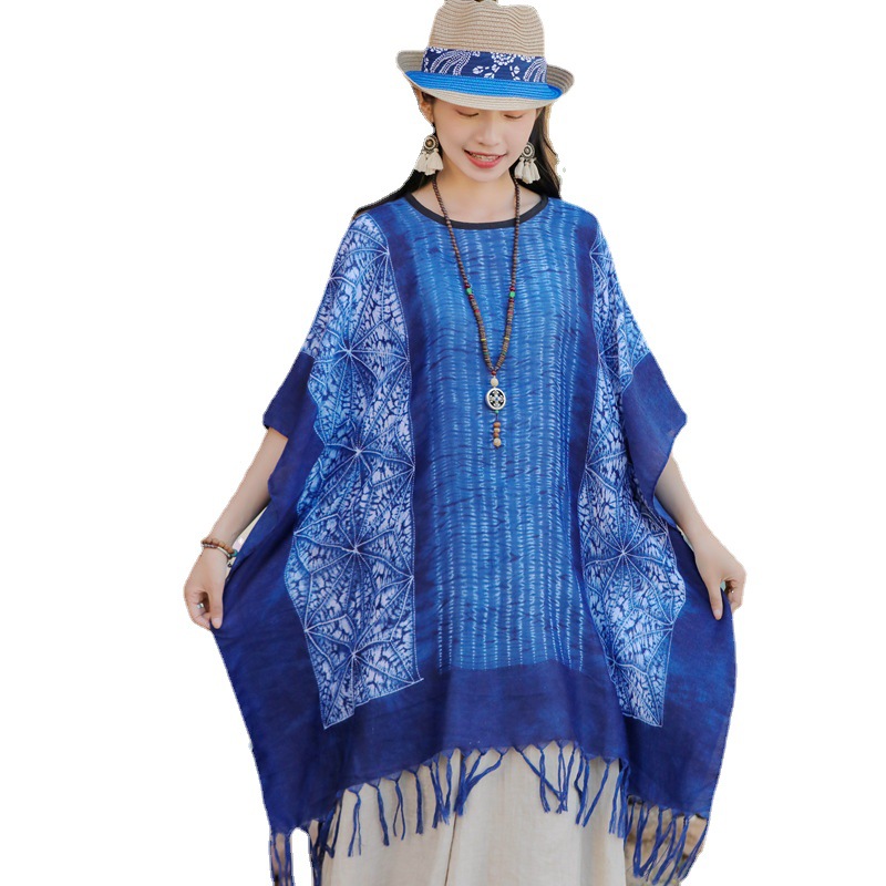 Primavera y verano estilo étnico bufanda teñida azul largo borla chal decorativo bufanda viaje protector solar Toalla de playa para las mujeres