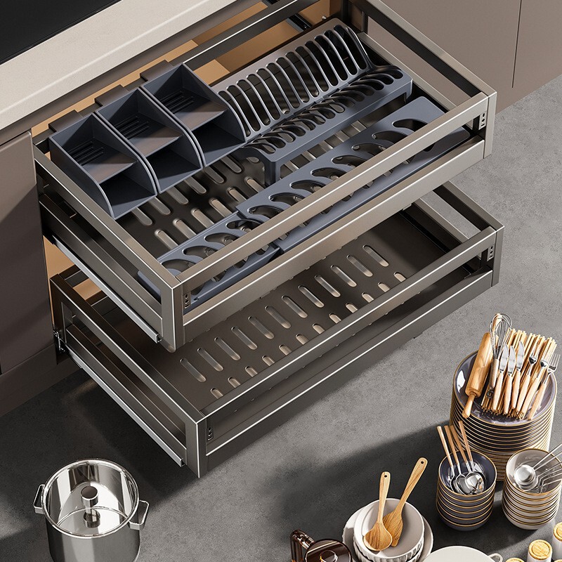 Ermo basket kitchen cabinet 304 stainless steel double drawer dish rack storage dish rack cabinet bowl basket