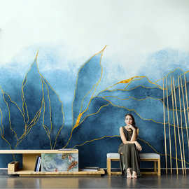 欧式手绘蓝色金色抽象艺术壁纸客厅沙发电视背景墙纸壁画无缝墙布