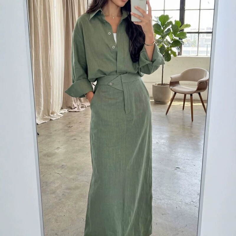 Amazon 2026 Summer New European and American Women's Fashion H-Version Slim-Fit Versatile Everyday Dress with Lapel Buttons and Long Sleeves