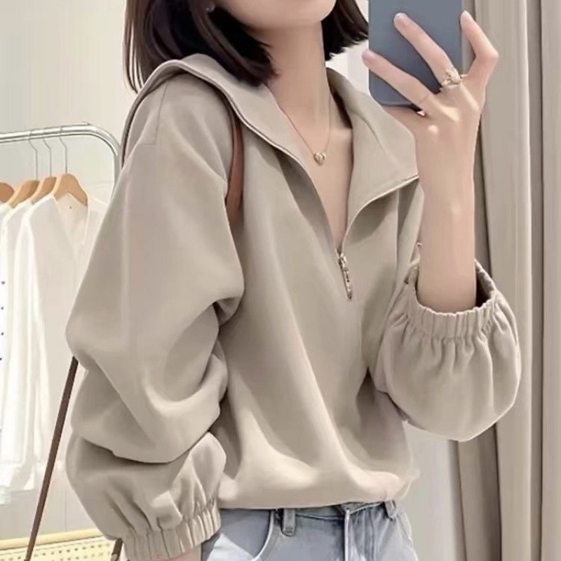 半拉链设计感连帽卫衣女秋季新款复古宽松落肩显瘦休闲长袖上衣潮|undefined