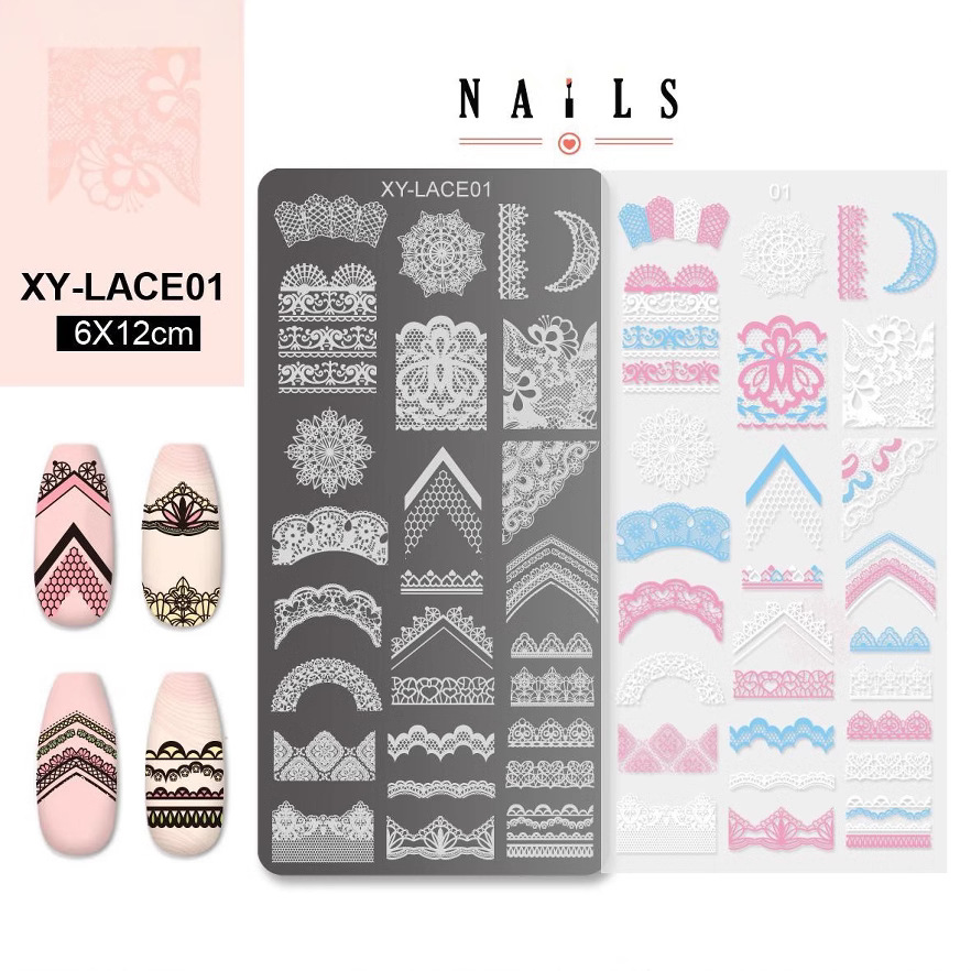 Red de Internet estilo caliente arte de uñas estampado placa de acero encaje flor francesa línea hueca plantilla de transferencia con diafragma de color