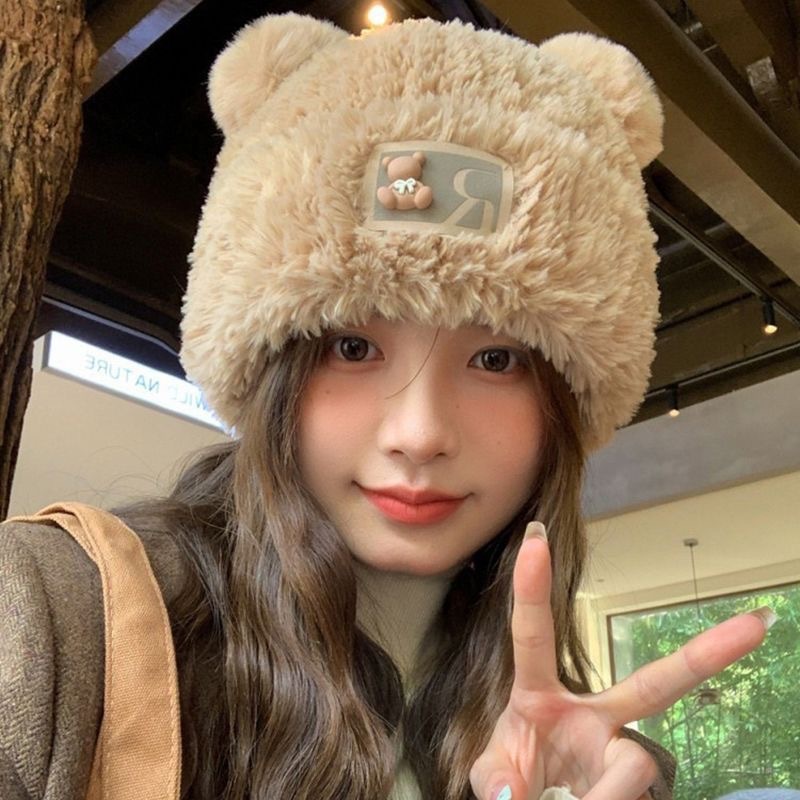 女性の冬の韓国のかわいいクマの帽子ぬいぐるみニット帽子厚く暖かい耳保護防寒防風プルオーバー帽子|undefined