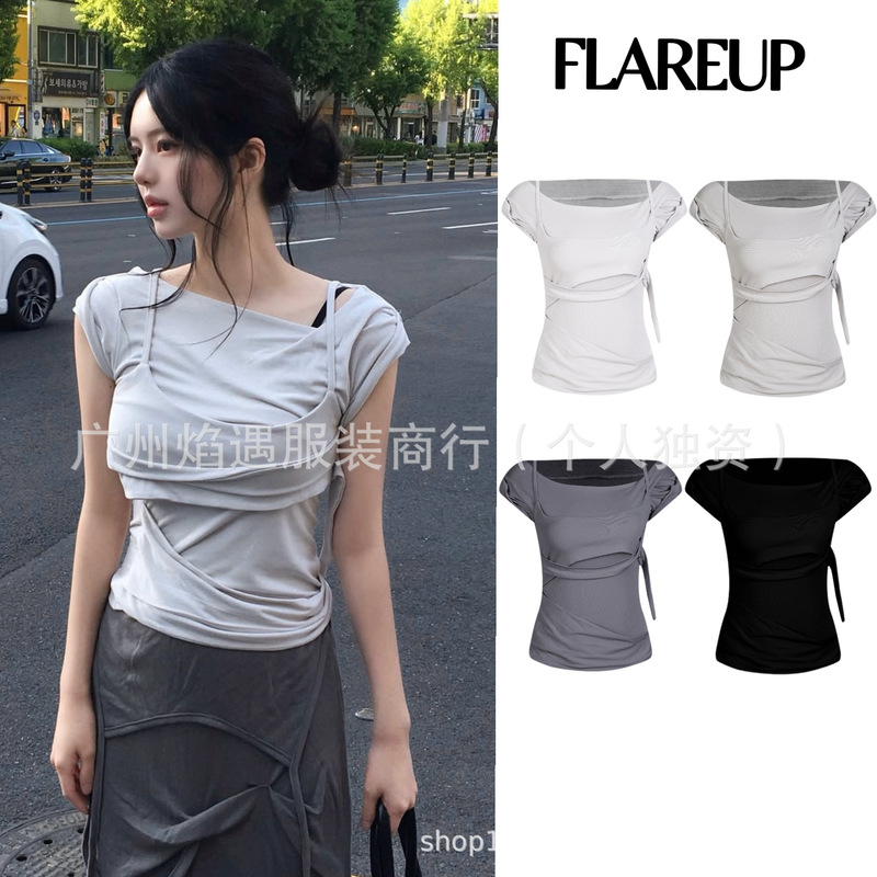 In-Stock Korean Flareup Layered Asymmetrical Sexy Spicy Girl Top Summer T-Shirt Wholesale