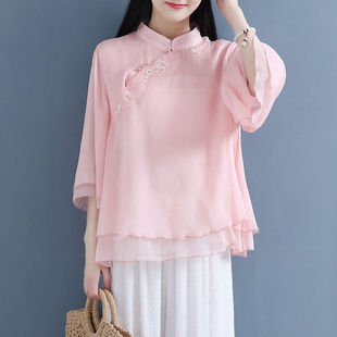 Q7N Single/Two-Piece Set Summer New Stand-Up Collar Diagonal Placket Embroidered Chiffon Top Shirt Double-Layer Gauze Wide