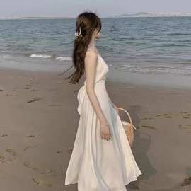 外贸海滩款吊带连衣裙女性感露背蝴蝶结中长裙夏季新款法式复古裙