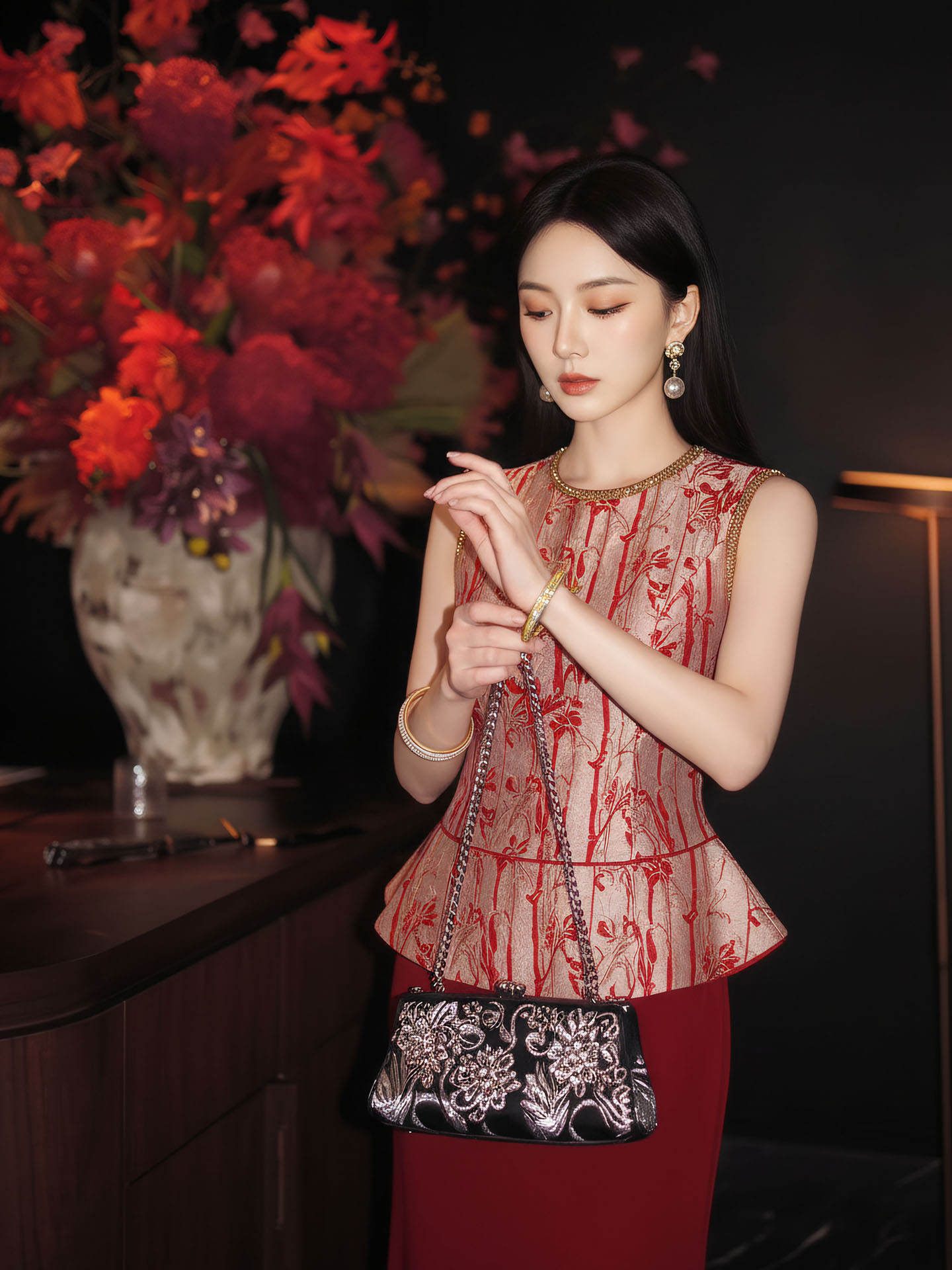 Set áo vest không tay và chân váy midi họa tiết thêu hoa văn cổ điển Trung Hoa — bộ đồ, nửa váy, Trang chủ