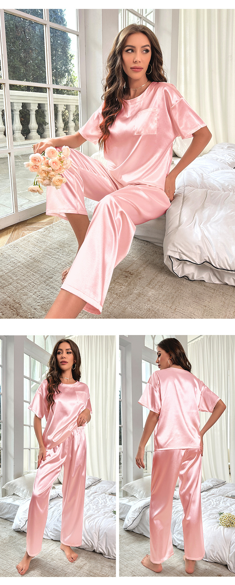 Pigiama in seta ghiacciata stile Yaoting per donna, estivo, manica corta, pantaloni lunghi, abbigliamento da casa, set casual ampio 3147_voghion.com