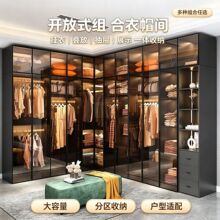 现代轻奢钢化玻璃门L型转角衣柜模块化组合衣帽间收纳大衣橱定制