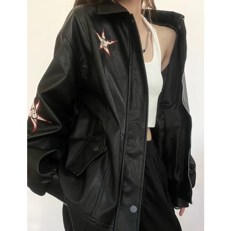 American Retro Embroidered Leather Jacket Women's Autumn 2024 New National Black Biker Leather Jacket