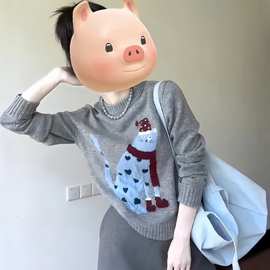 韩系慵懒风卡通猫咪提花毛衣女2025秋季高级感圆领套头针织衫上衣