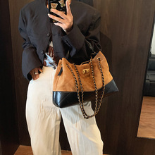 2025新款小香风麂皮拼色腋下包女潮时尚复古菱格链条包洋气托特包