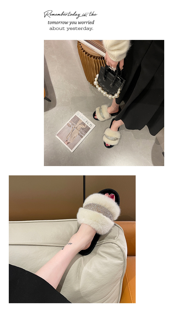 Pantofole piatte in cristallo di nuova pelliccia per il commercio estero con diamanti Moda donna alta e bassa in lana con apertura a una linea in cotone transfrontaliero_voghion.com