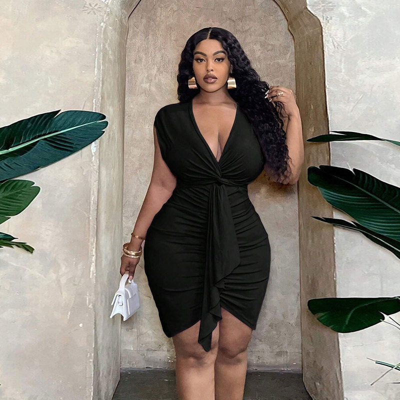 2026Shein Independent Website Plus-Size Women's Clothing Sexy Pure Desire Dress Summer V-Neck Waist-Cinching Pleated Bodycon Mini Dress