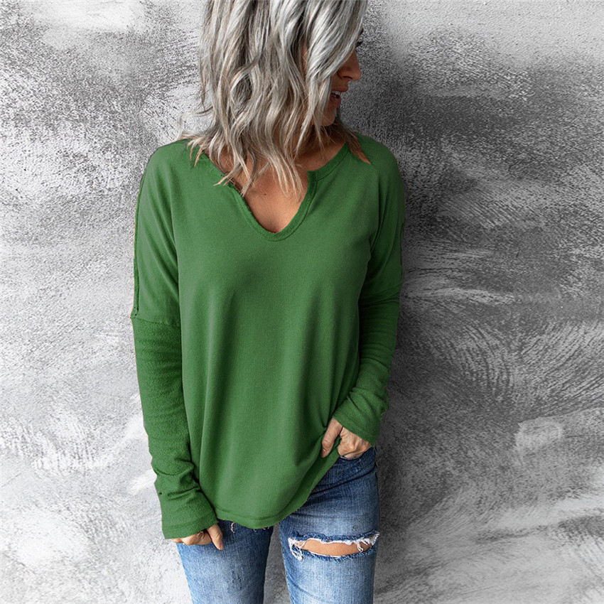 Solid Color V-Neck Long-Sleeved Fleece T-Shirt NSYHY106400