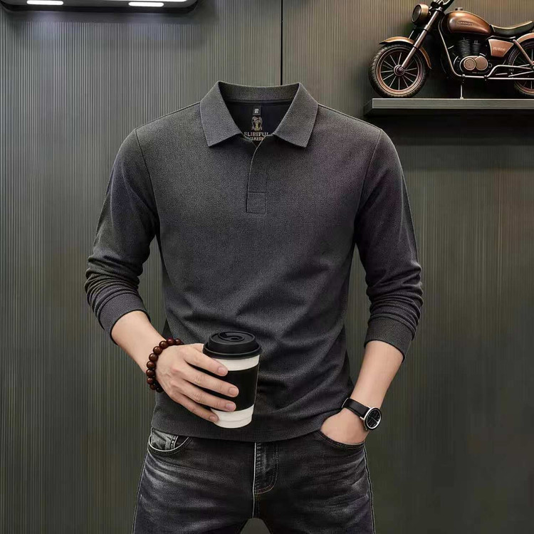 TikTok trending spring/autumn men's business casual long-sleeve T-shirt, V-neck polo shirt, seagull collar, solid color TikTok trending spring/autumn men's business casual long-sleeve T-shirt, V-neck polo shirt, seagull collar, solid color