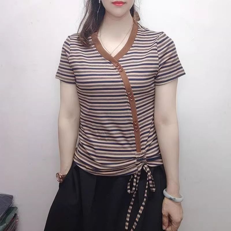 A Large-Size Women's Summer T-Shirt With Short Sleeves, Striped Design, And A Drawstring Closure Stylish In Korean Sty_ecoleips.com