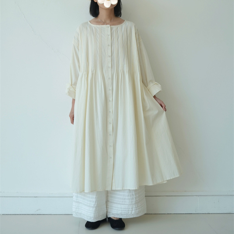 Japanese Mori Style Luxury Brand Cream-Colored Elegant Accordion Pleat Soft High-Density Cotton Long-Sleeve Dress Cardigan 3 Colors