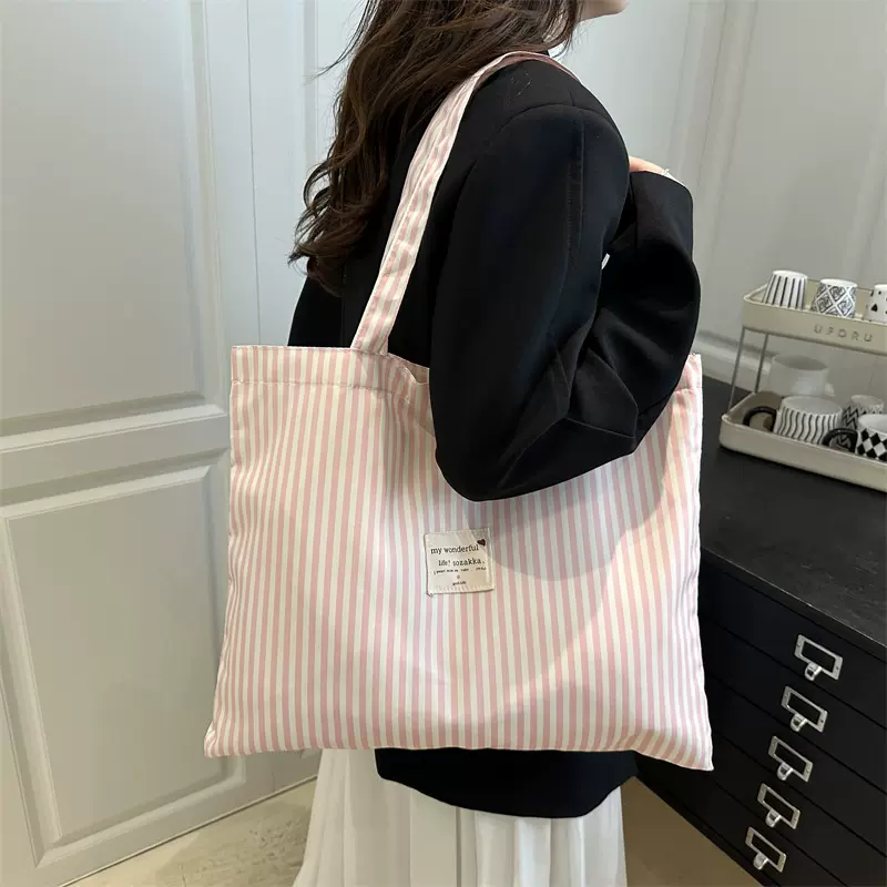 跨境韩ins风格纹帆布袋 托特包大容量文艺休闲帆布包小清新单肩包