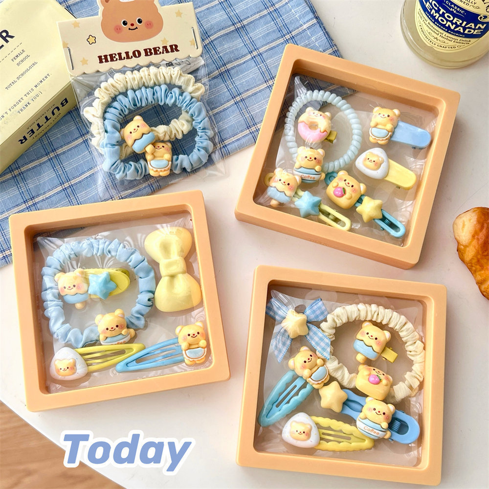cute cream yellow bear series hair accessories combination sweet girl shredded hair bangs clip high elastic hair bands hair ring
