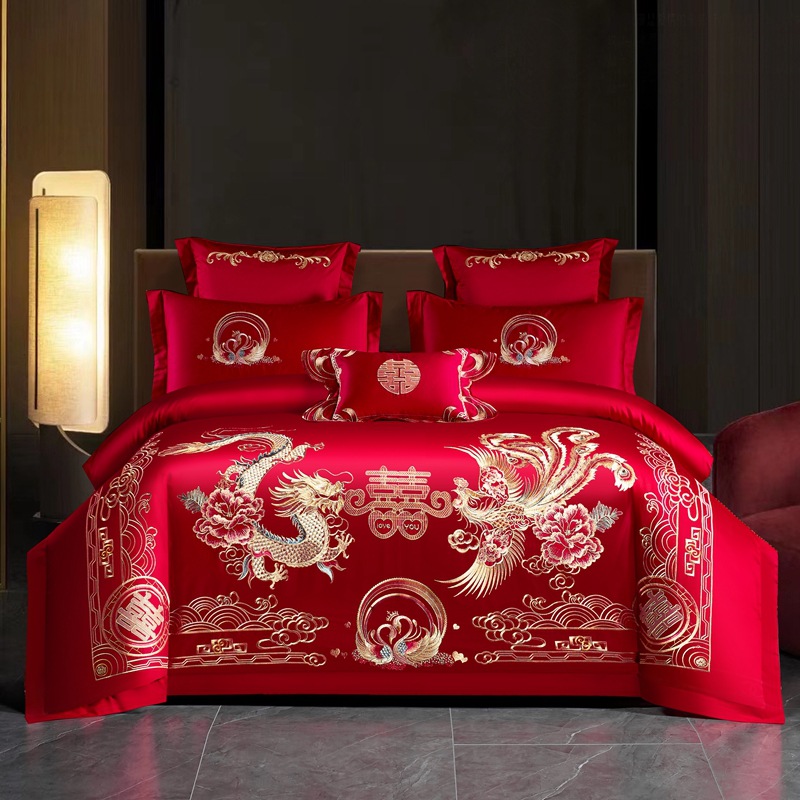 algodón molido de alta gama, bordado de bodas, algodón puro, cuatro piezas, ropa de cama de boda roja, lujo ligero