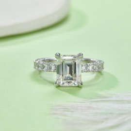 R221026016款S925银镀18K白金长方形莫桑钻女戒8*10mm/4.0CT