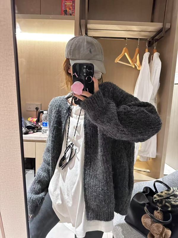 灰色针织开衫外套秋冬新款加厚韩版宽松慵懒风拉链百搭毛衣女上衣|undefined